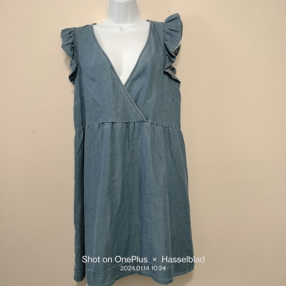 LOFT Blue Chambray Midi Dress with Ruffle Sleeves